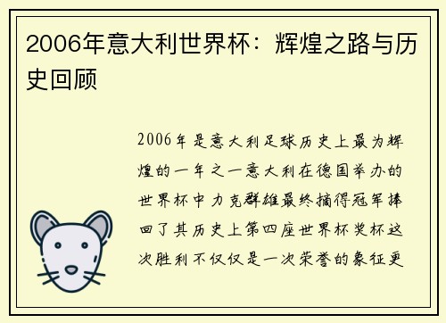 2006年意大利世界杯：辉煌之路与历史回顾
