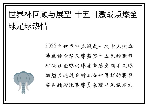 世界杯回顾与展望 十五日激战点燃全球足球热情