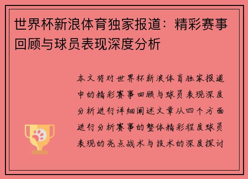 世界杯新浪体育独家报道：精彩赛事回顾与球员表现深度分析