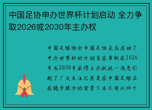 中国足协申办世界杯计划启动 全力争取2026或2030年主办权