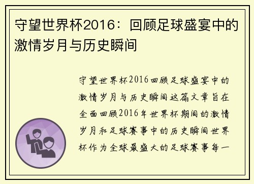 守望世界杯2016：回顾足球盛宴中的激情岁月与历史瞬间
