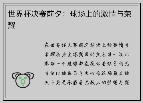 世界杯决赛前夕：球场上的激情与荣耀