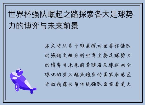世界杯强队崛起之路探索各大足球势力的博弈与未来前景