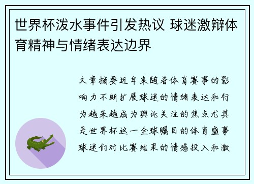 世界杯泼水事件引发热议 球迷激辩体育精神与情绪表达边界